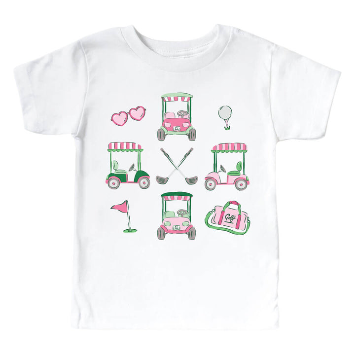 golf club, golf cart and flag graphic tee for girls 