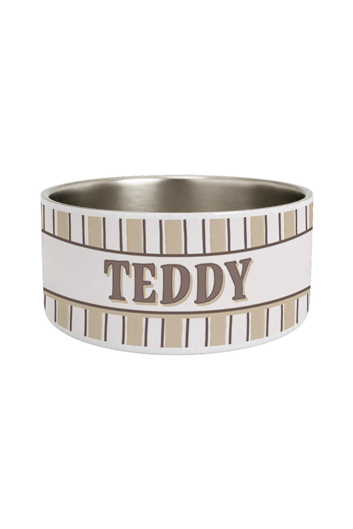 Personalized stainless steel pet bowl with Biscuit Stripe pattern on the outer band and the name TEDDY printed on the white center section