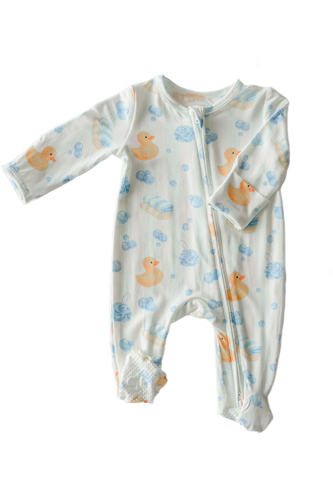 Blue Bubble Duckies bamboo zipper footie pajamas flat lay showing yellow rubber duck and blue bubble print