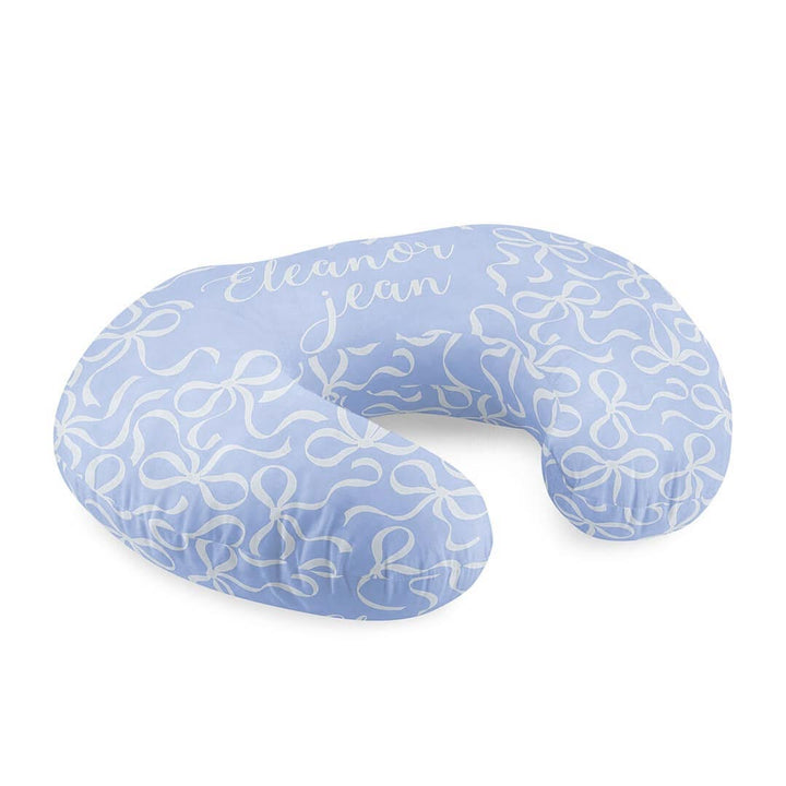 light blue personalized nursing pillow cover with white bows