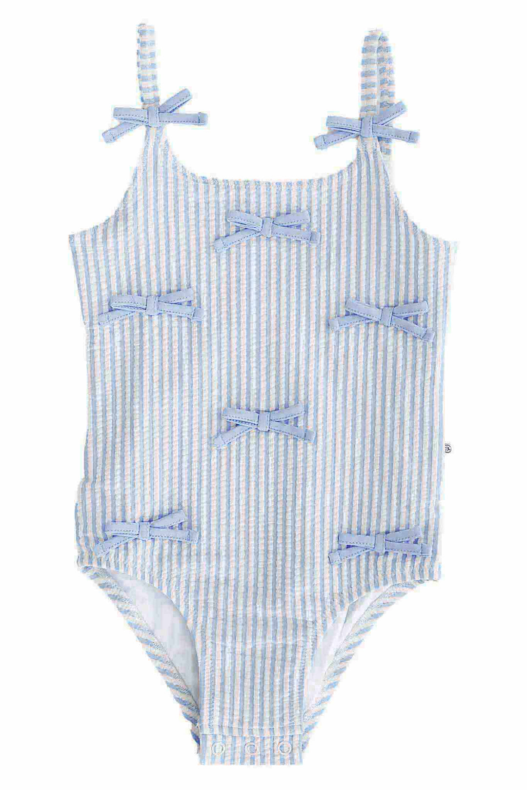 blue seersucker tiny bow one piece swimsuit