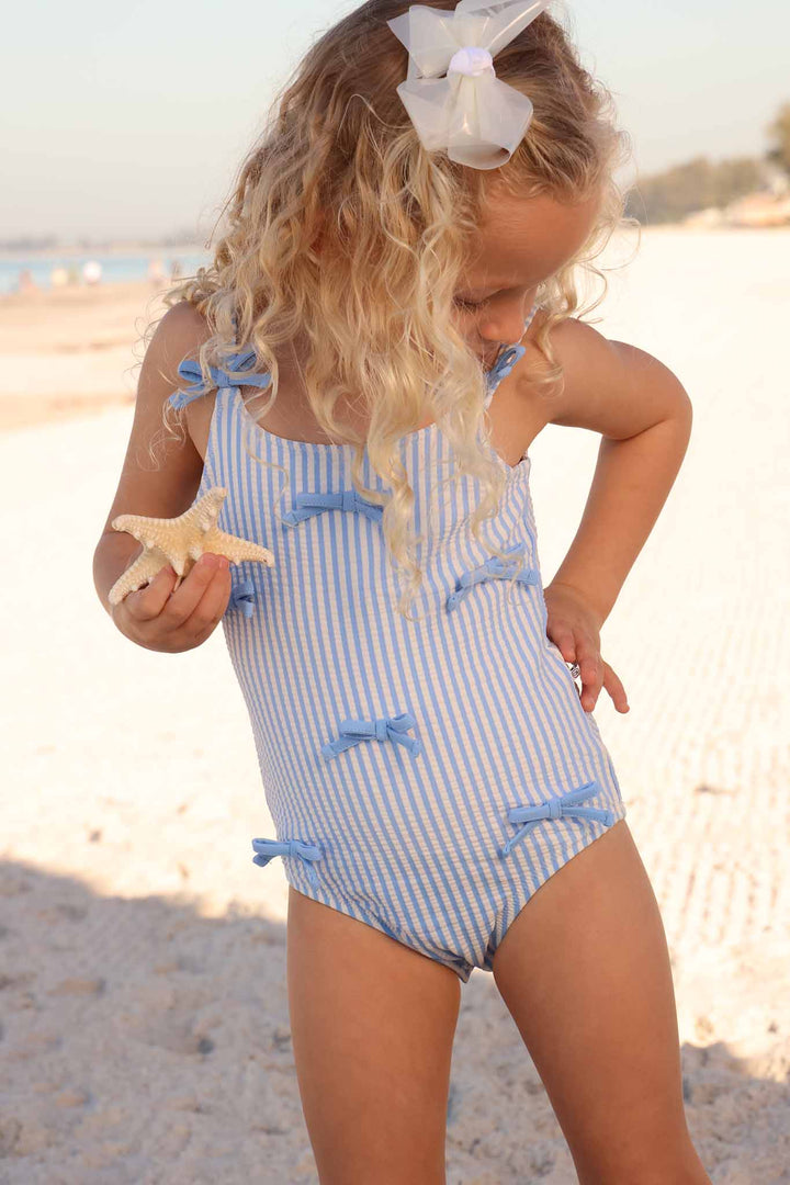 blue seersucker one piece swimsuit for girls 