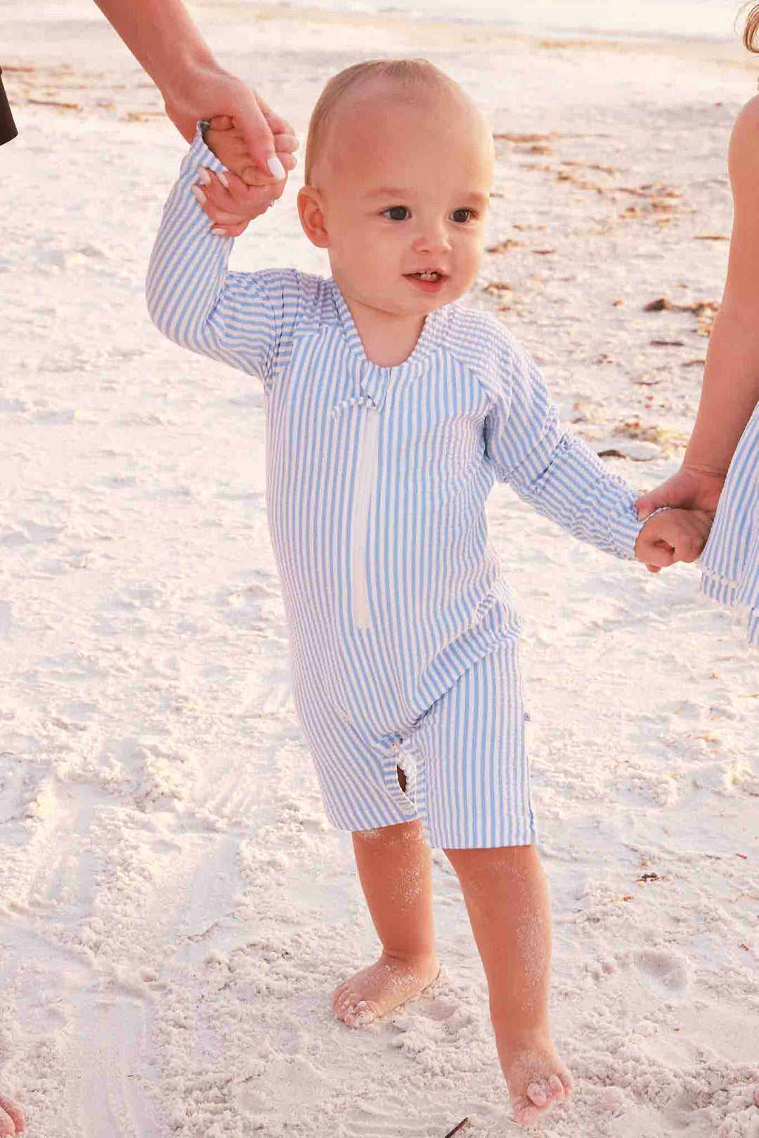 blue seersucker shortie romper for baby boys