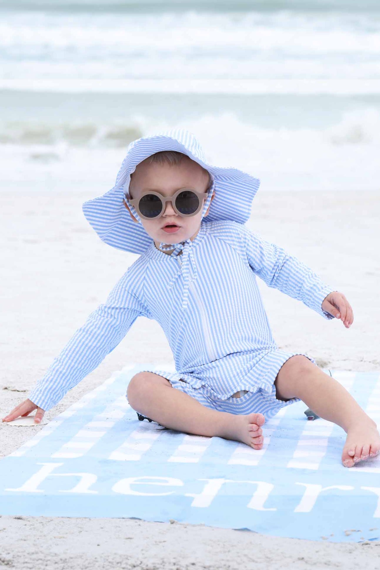 Long Sleeve Rash Guard Swim Romper Shortie | Seersucker Blue