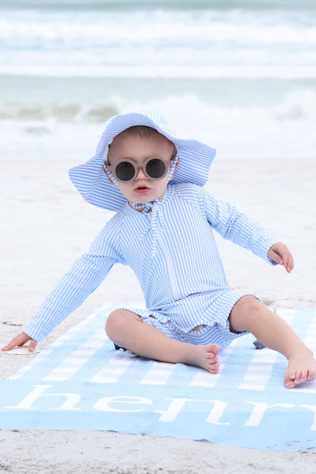 long sleeve rash guard swim romper shortie blue seersucker
