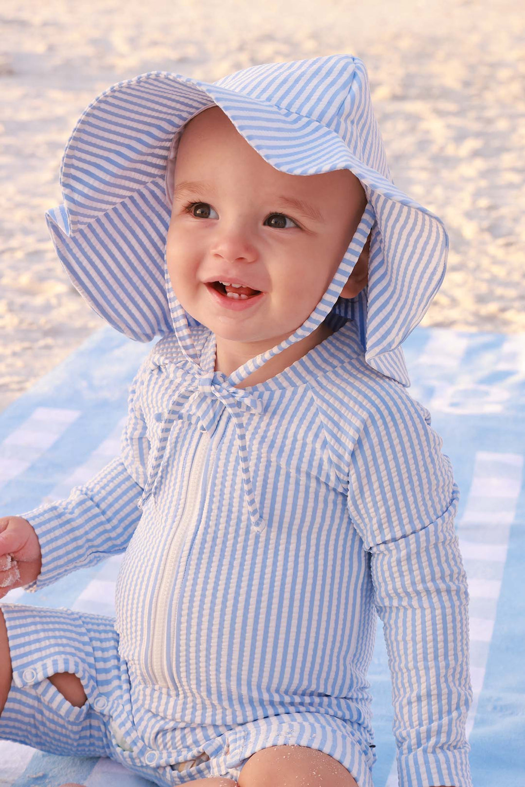 blue seersucker long sleeve rash guard swim romper shortie with matching swim hat 