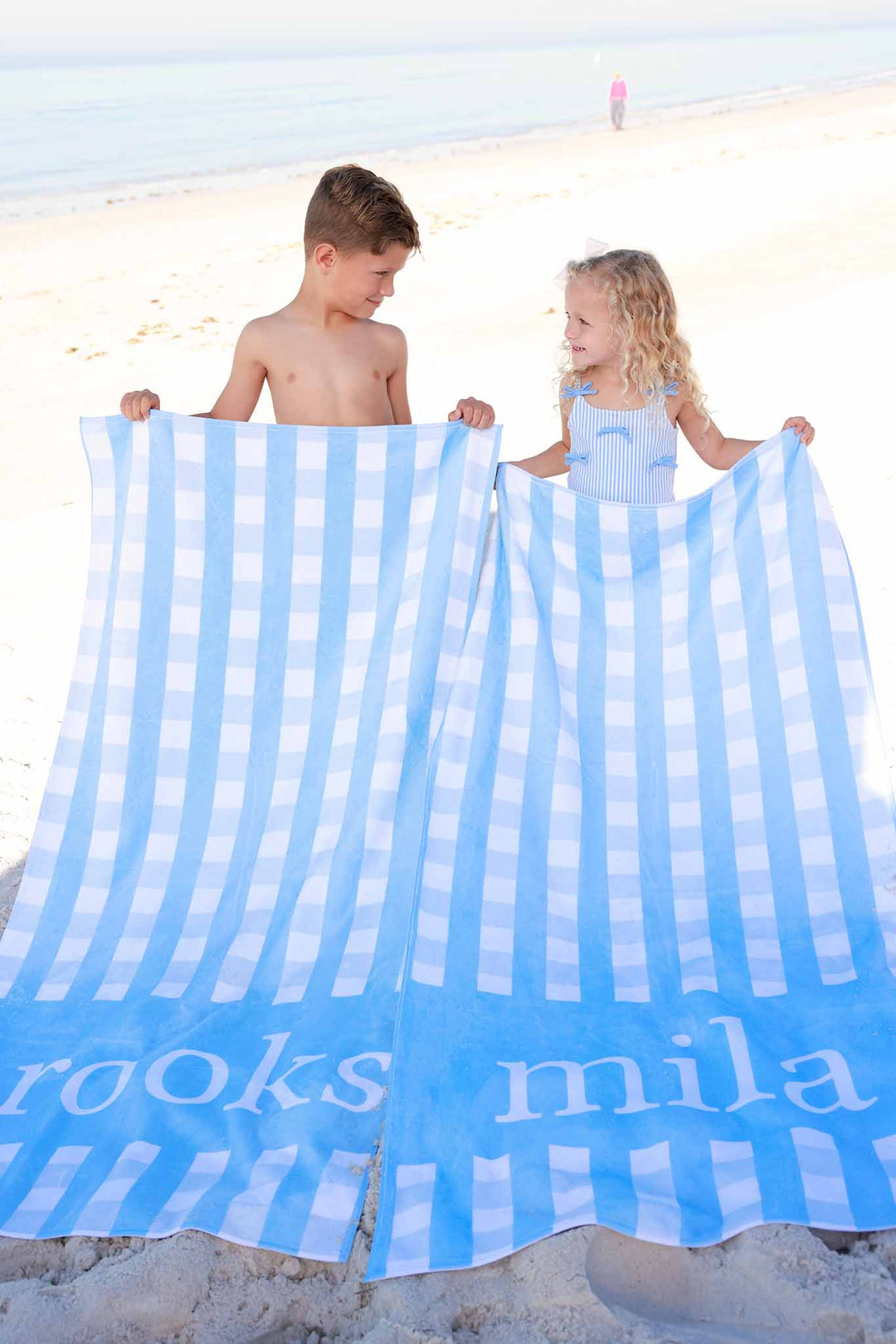 blue seersucker personalized towel for kids 