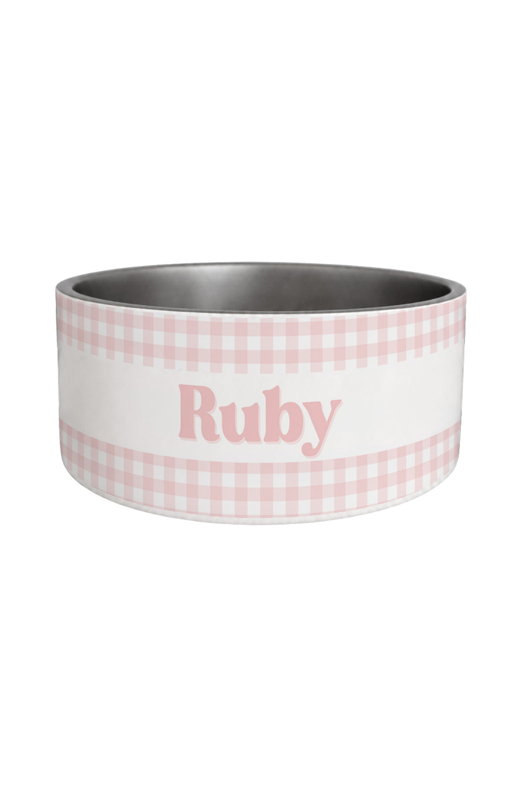 A Lane & Leash personalized pet bowl with a pink and white gingham pattern, a white center band, and the name 'Ruby' printed in pink. The interior of the bowl is stainless steel.