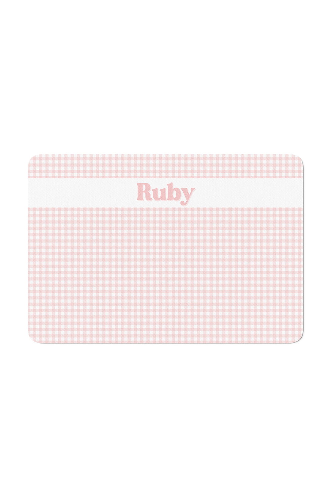 A Lane & Leash pet bowl placemat featuring a light pink and white gingham pattern, a white horizontal band across the top center, and the name 'Ruby' printed in pink at the top of the band.