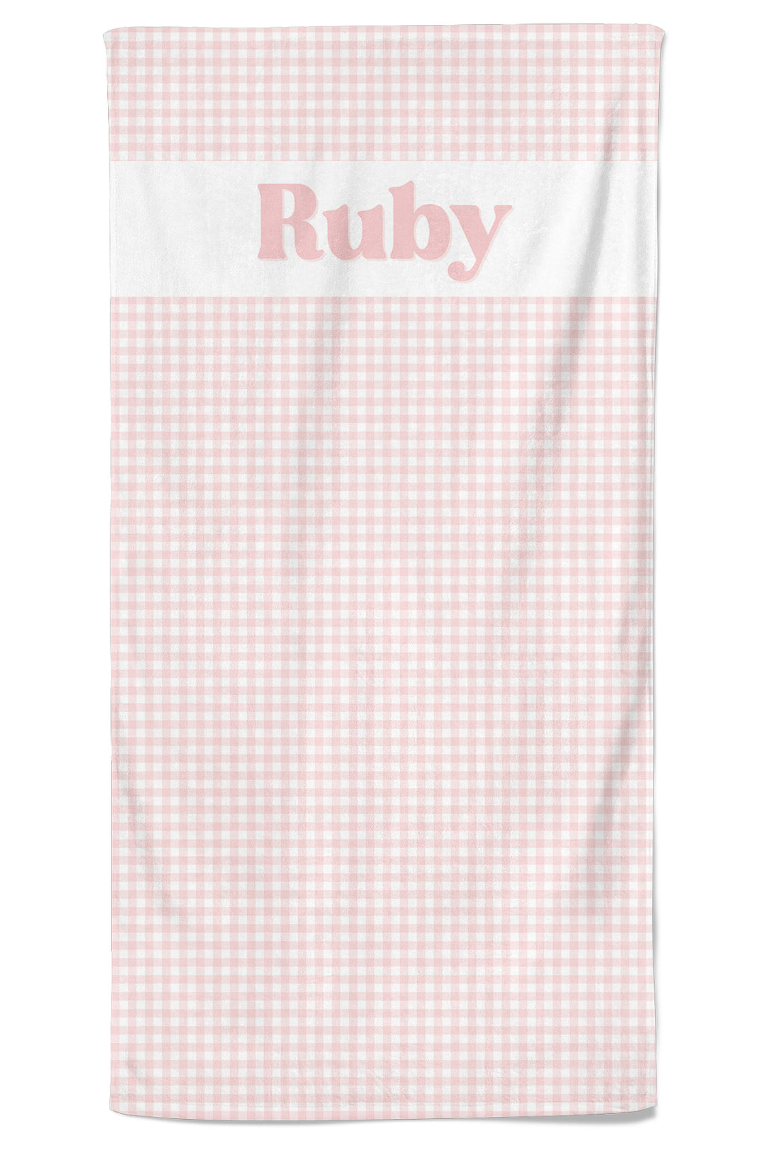 A personalized Lane & Leash  pet towel featuring a light pink and white gingham pattern, with a white horizontal band across the top containing the name 'Ruby' in a pink serif font.