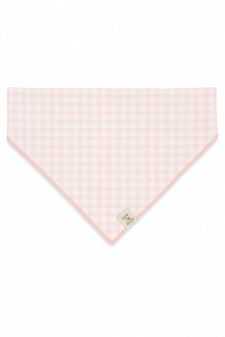A Lane & Leash light pink and white gingham checkered triangular bandana or pet bandana with a small beige brand tag near the bottom point, displayed flat against a solid white background.