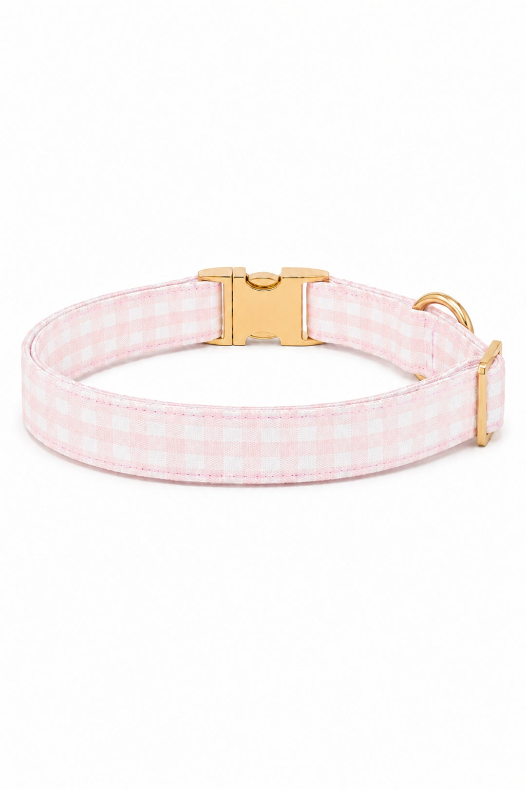 A Lane & Leash pink and white gingham check dog collar with a gold-tone buckle, shown on a clean white background.