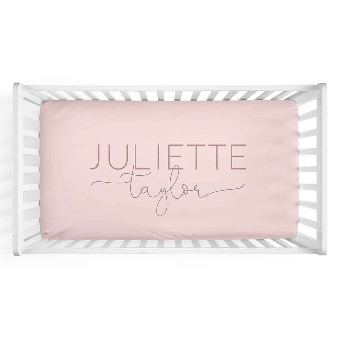 blush and mauve personalized crib sheet 