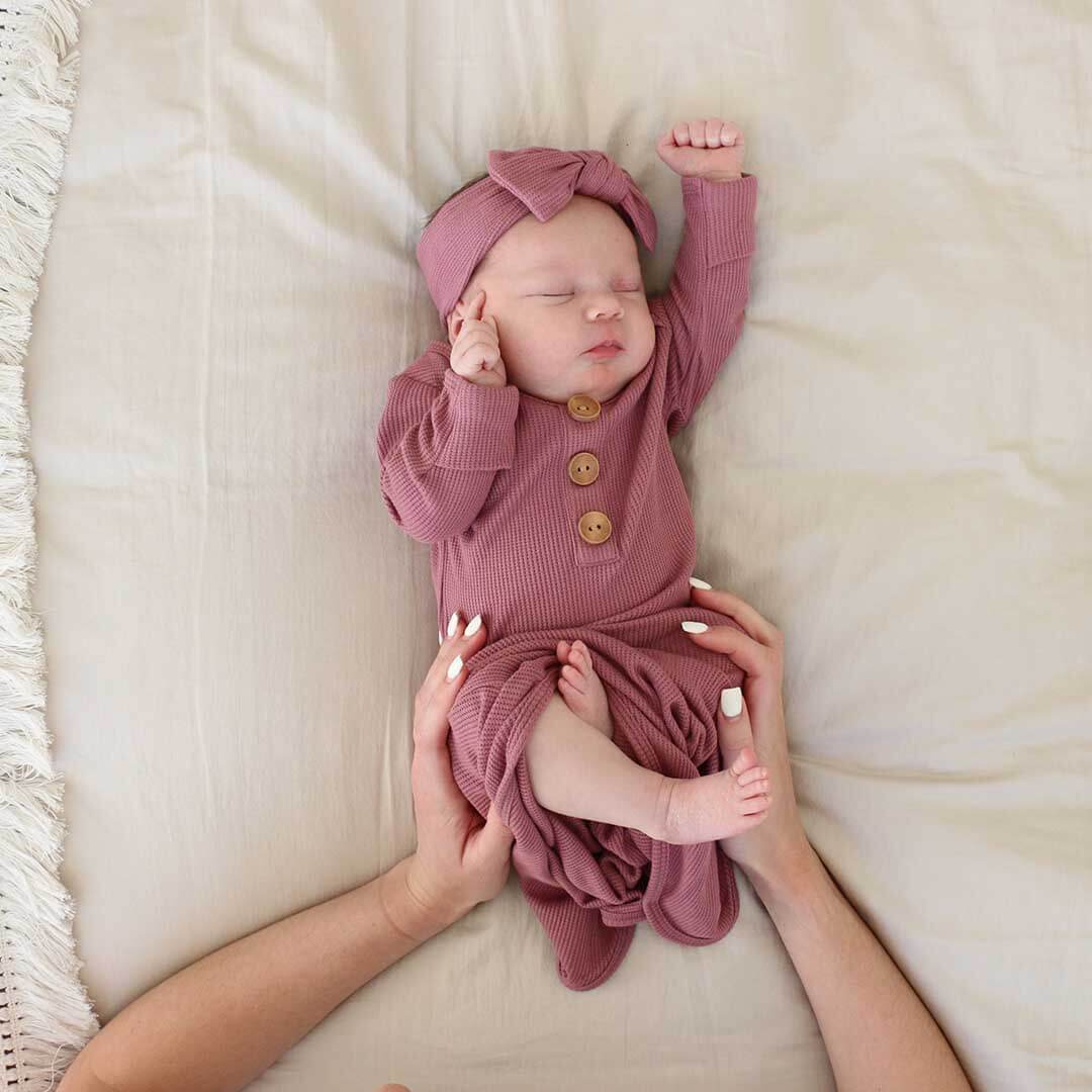 boysenberry waffle bamboo newborn knot gown and hat set 