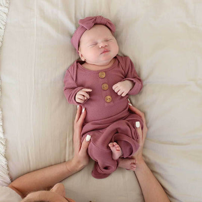newborn knot gown and hat set boysenberry waffle bamboo 