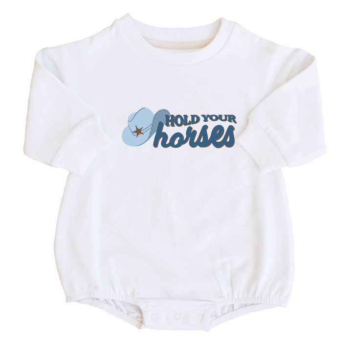 Hold Your Horses Graphic Sweatshirt Bubble Romper | White