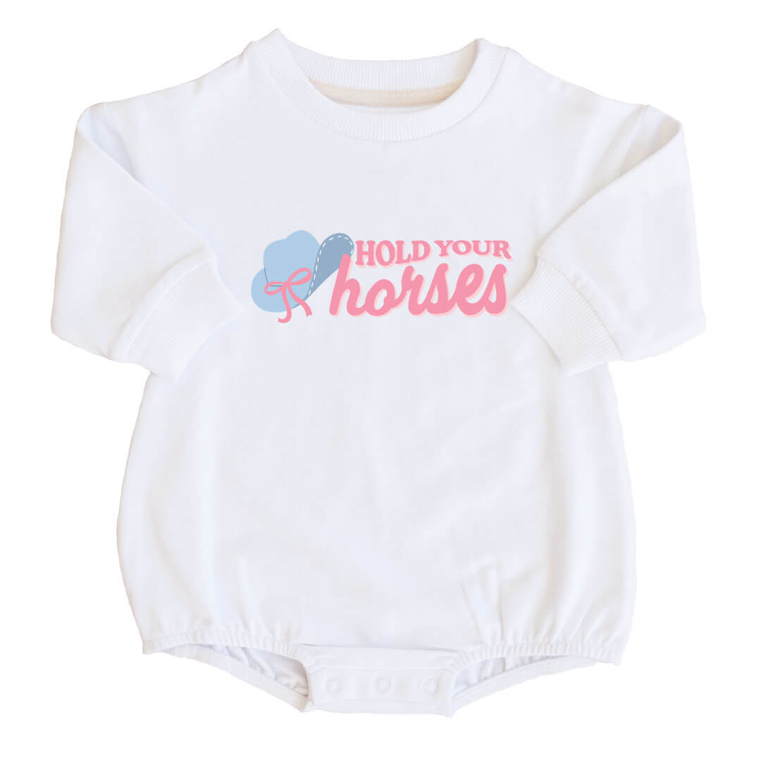 Hold Your Horses Graphic Sweatshirt Bubble Romper | White