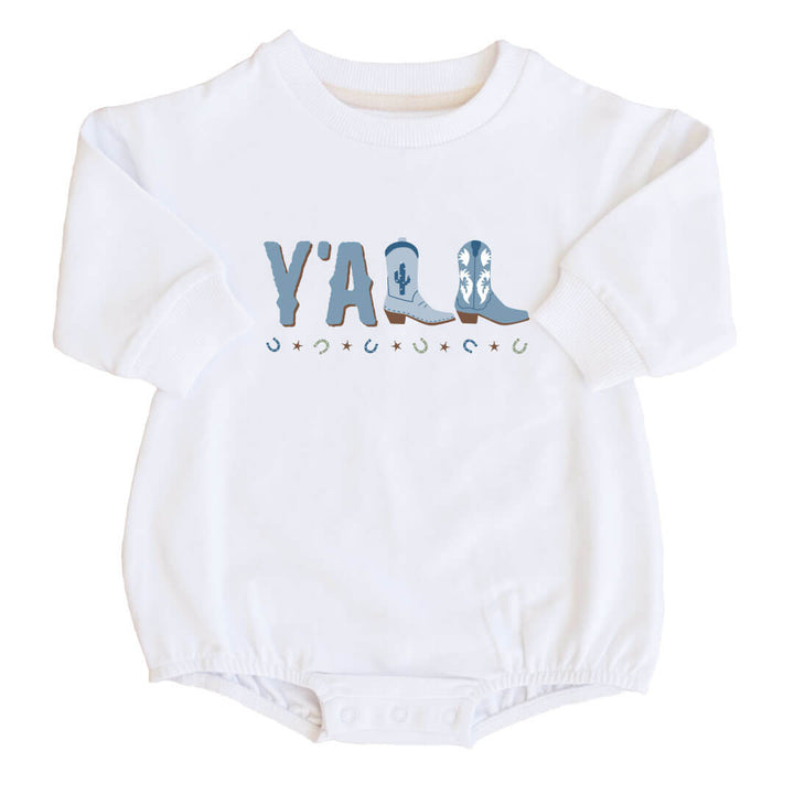 y'all cowboy boot sweatshirt bubble romper for baby boys 