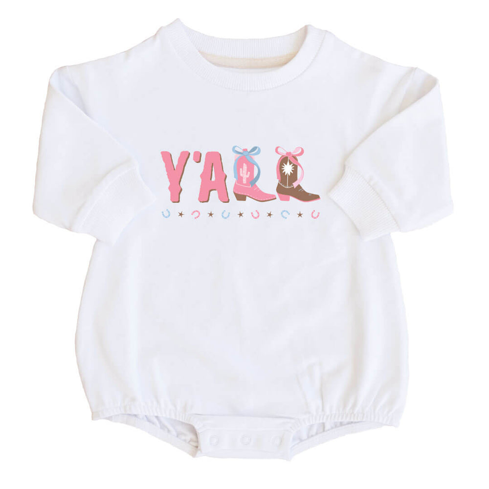 y'all cowgirl boot sweatshirt bubble romper for baby girls 