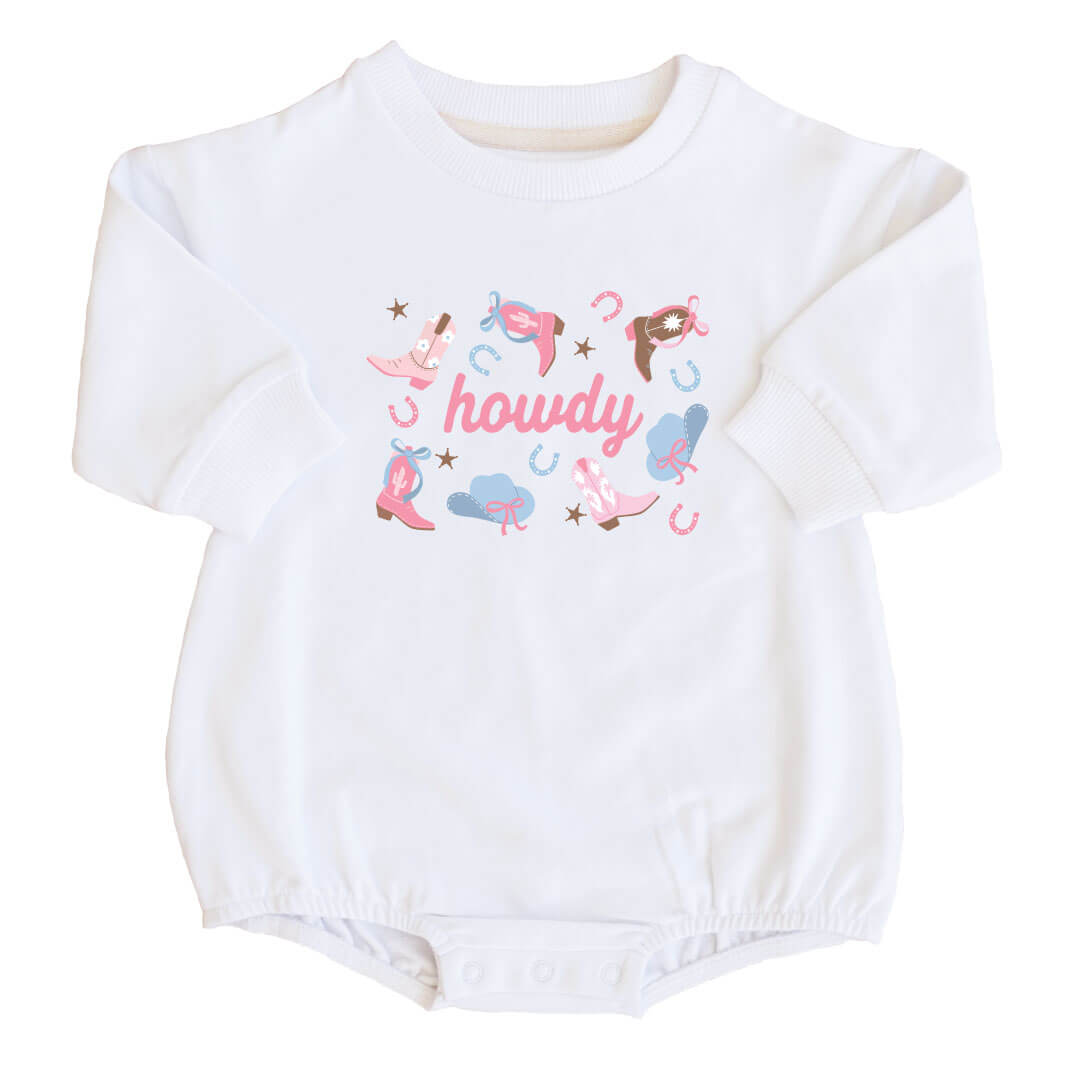 howdy cowgirl graphic sweatshirt bubble romper for babies 