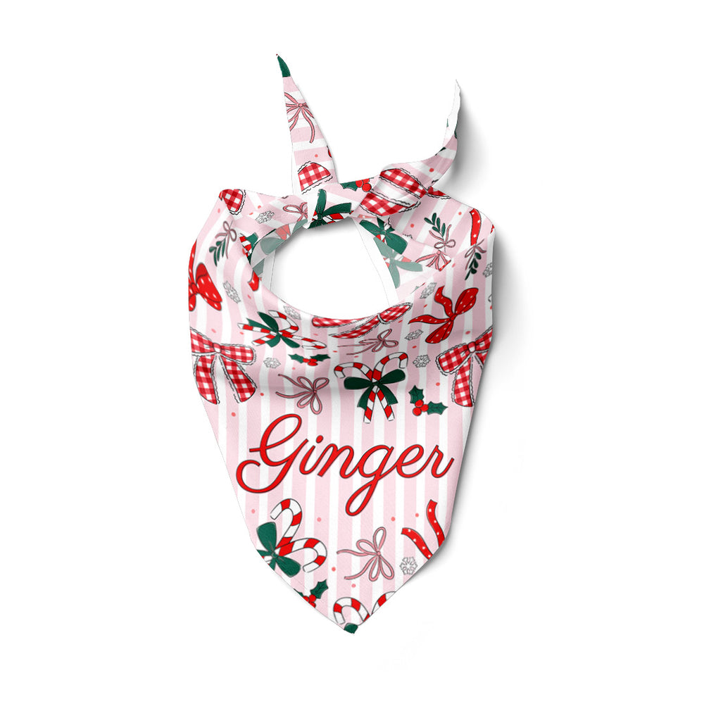 girly christmas bow and candy cane pink stripes pet bandana 