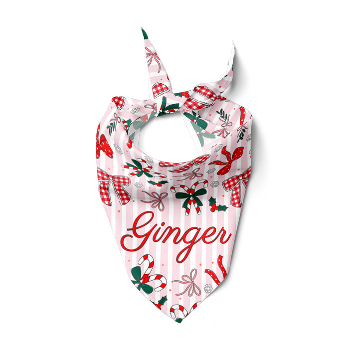 girly christmas bow and candy cane pink stripes pet bandana 