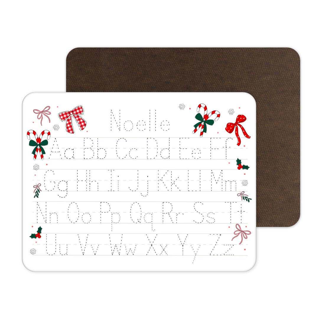 girly christmas bow and candy cane personalized alphabet whiteboard for kids 