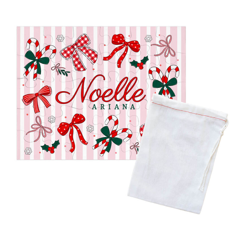 pink christmas bow personalized name puzzle with drawstring bag 