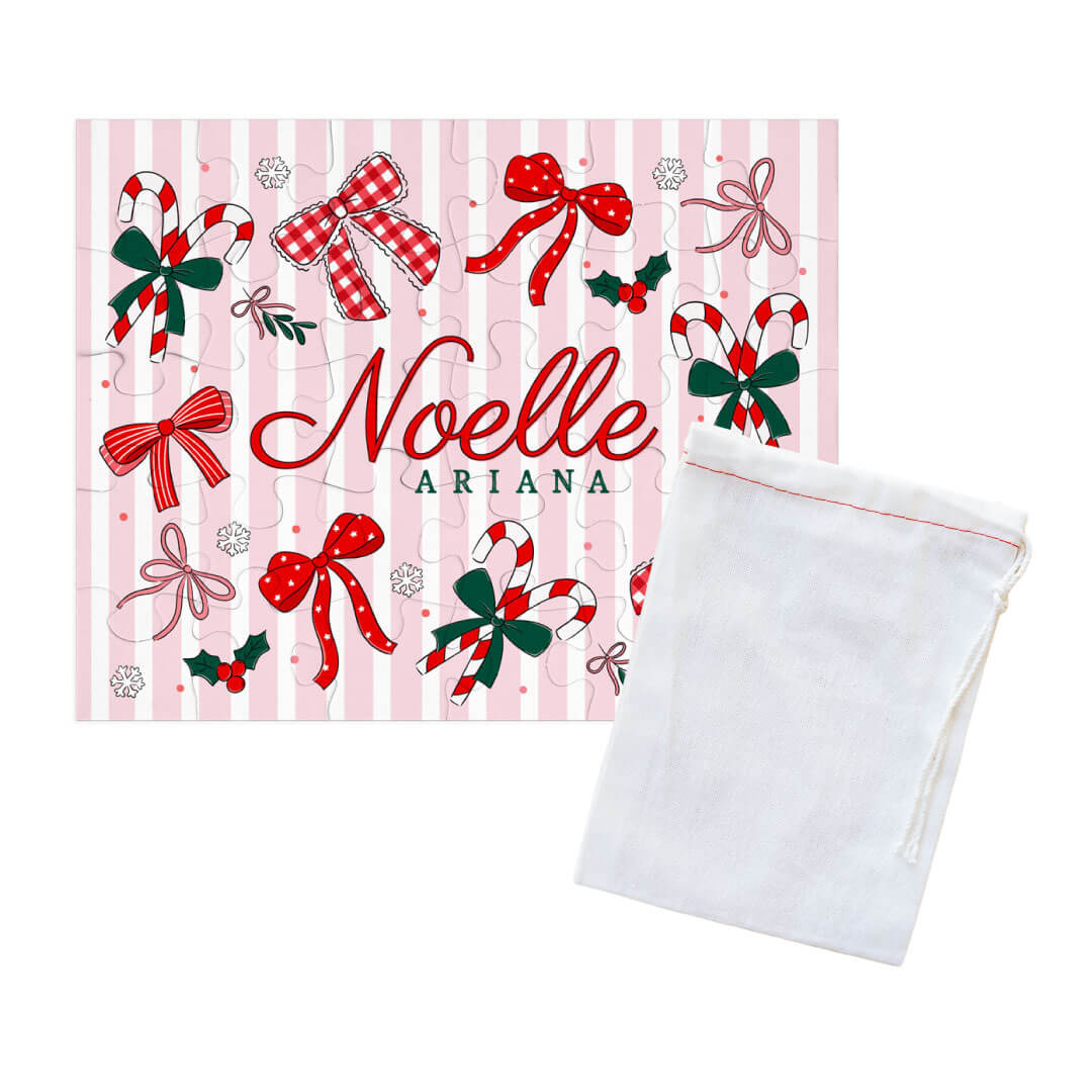 pink christmas bow personalized name puzzle with drawstring bag 