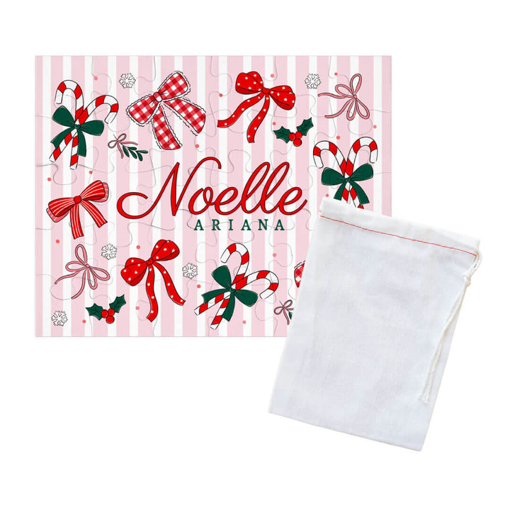 pink christmas bow personalized name puzzle with drawstring bag 