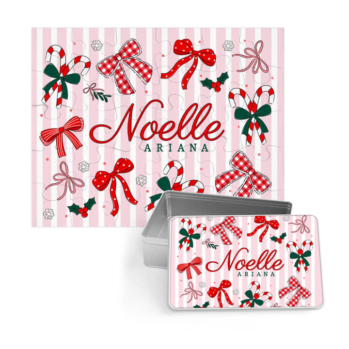 girly christmas bow personalized puzzle for kids with matching tin