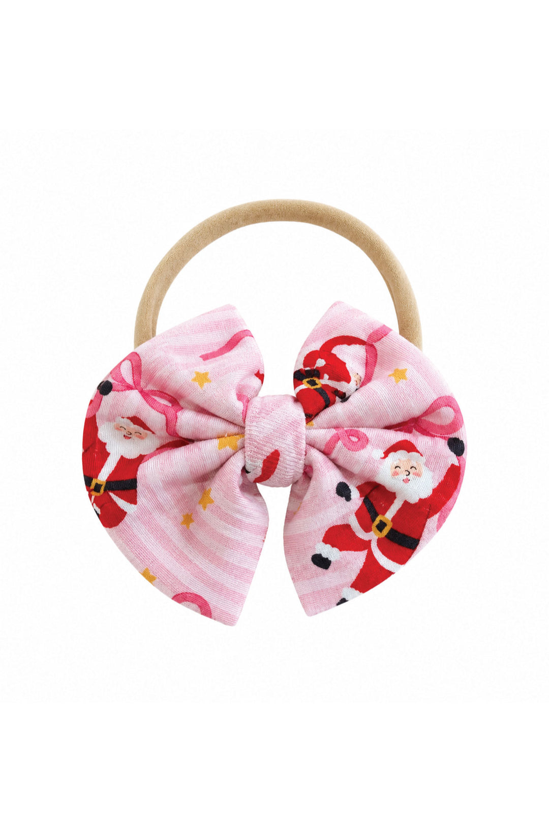 Caden Lane Jolly Ribbons Christmas knit baby bow headband featuring a pink Santa and ribbon print, the perfect festive hair accessory to match baby, toddler, and family Christmas pajamas.