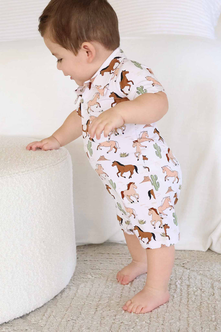 galloping horse and cactus short sleeve button romper for boys 