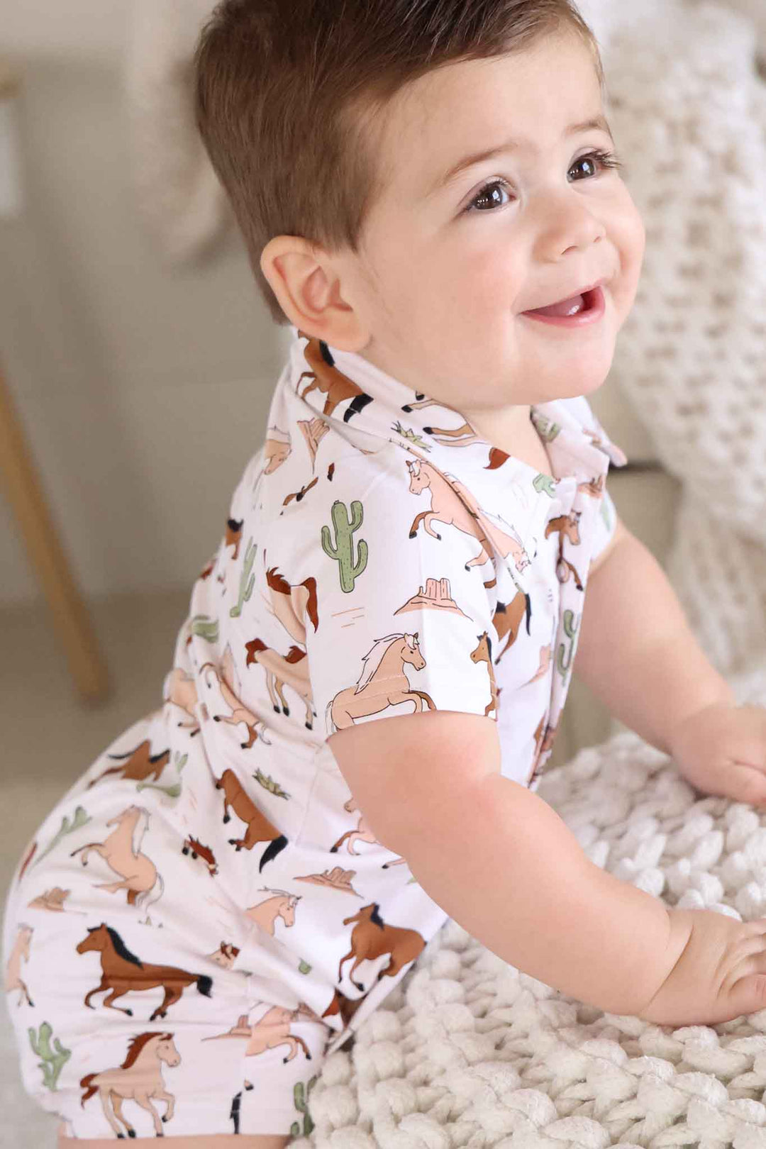 pony club short sleeve and short collared button romper for baby boys 