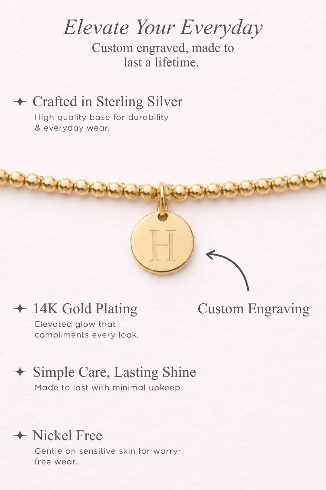 Caden Lane gold beaded bracelet with engraved initial "H" disc charm, infographic highlighting sterling silver base, 14K gold plating, and nickel-free custom engraving