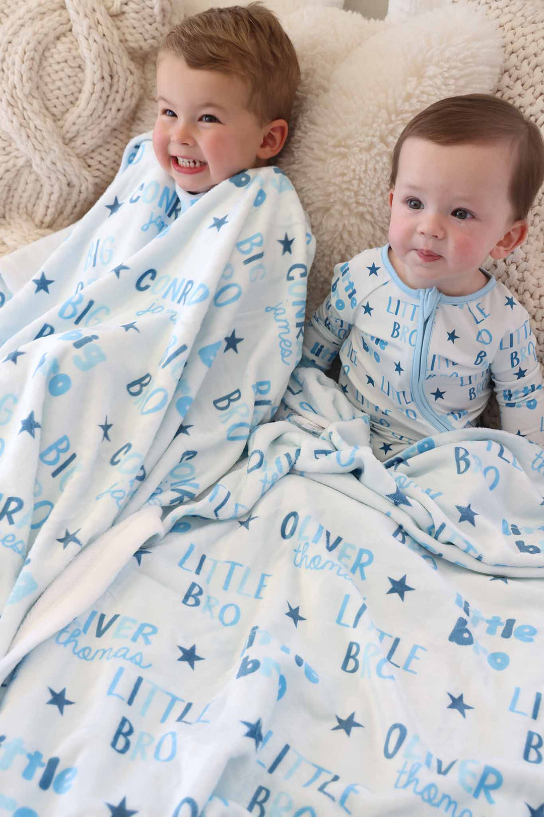 Brothers covered in the Little Bro Personalized Kids Blanket