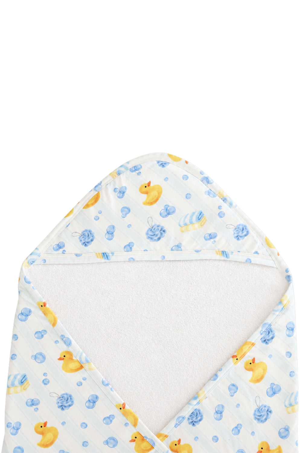 White bamboo baby hooded towel with all-over yellow rubber duck and blue bubble print, white terry interior