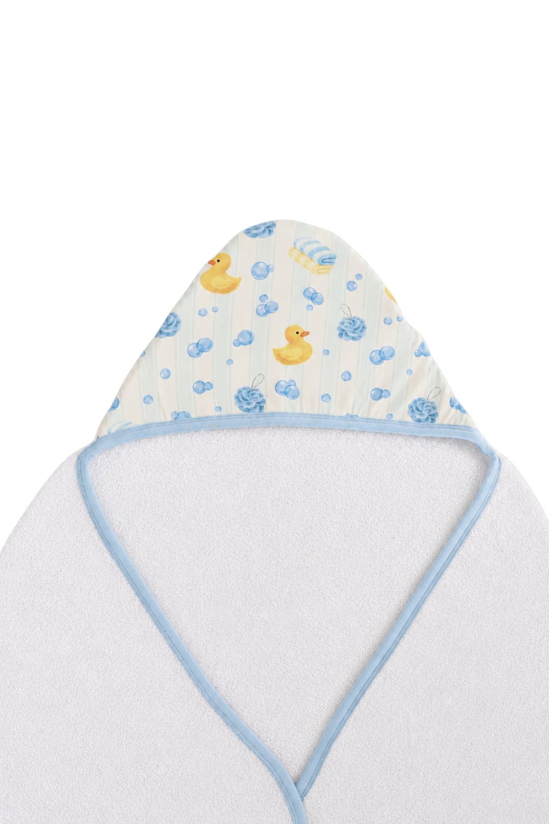 White bamboo kids hooded towel with yellow rubber duck and blue bubble print on hood and exterior, blue trim detail