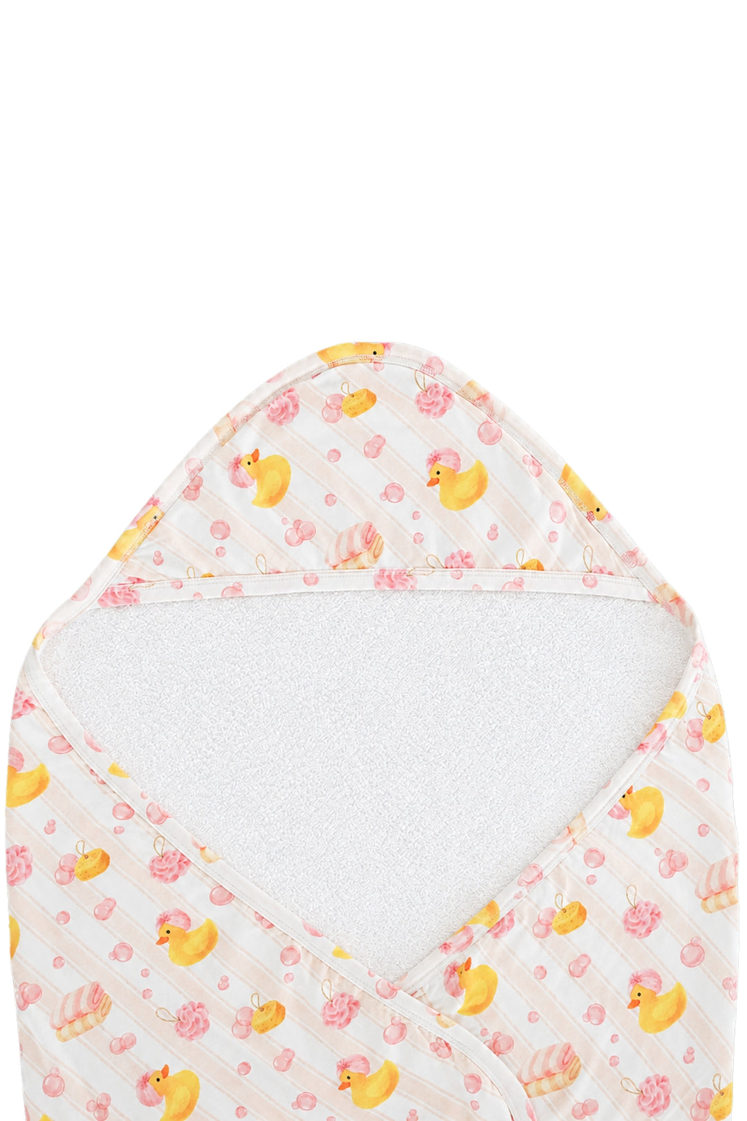 White bamboo baby hooded towel with all-over yellow rubber duck and pink bubble print, white terry interior