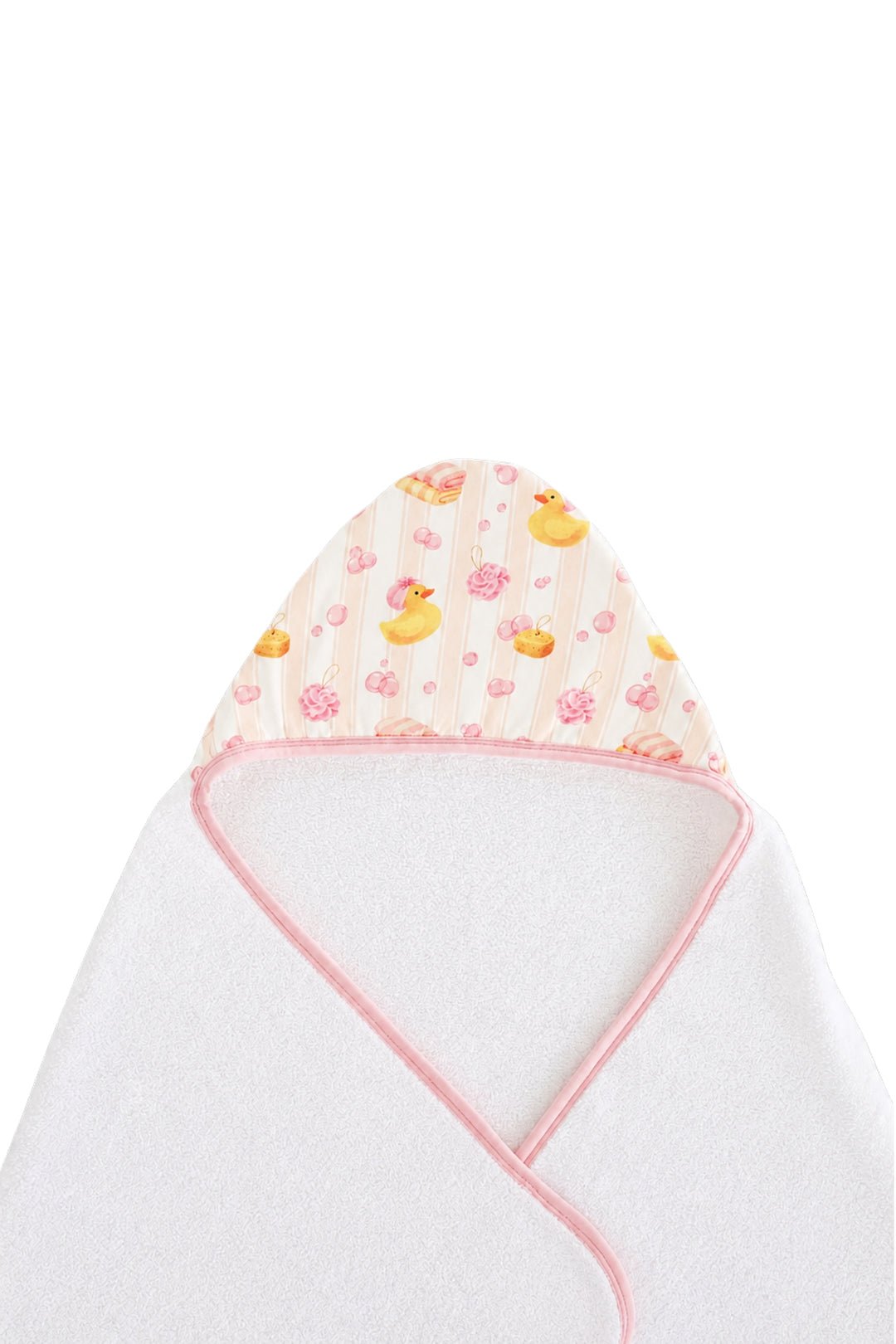 White bamboo kids hooded towel with yellow rubber duck and pink floral print on hood only, pink trim detail, white terry body