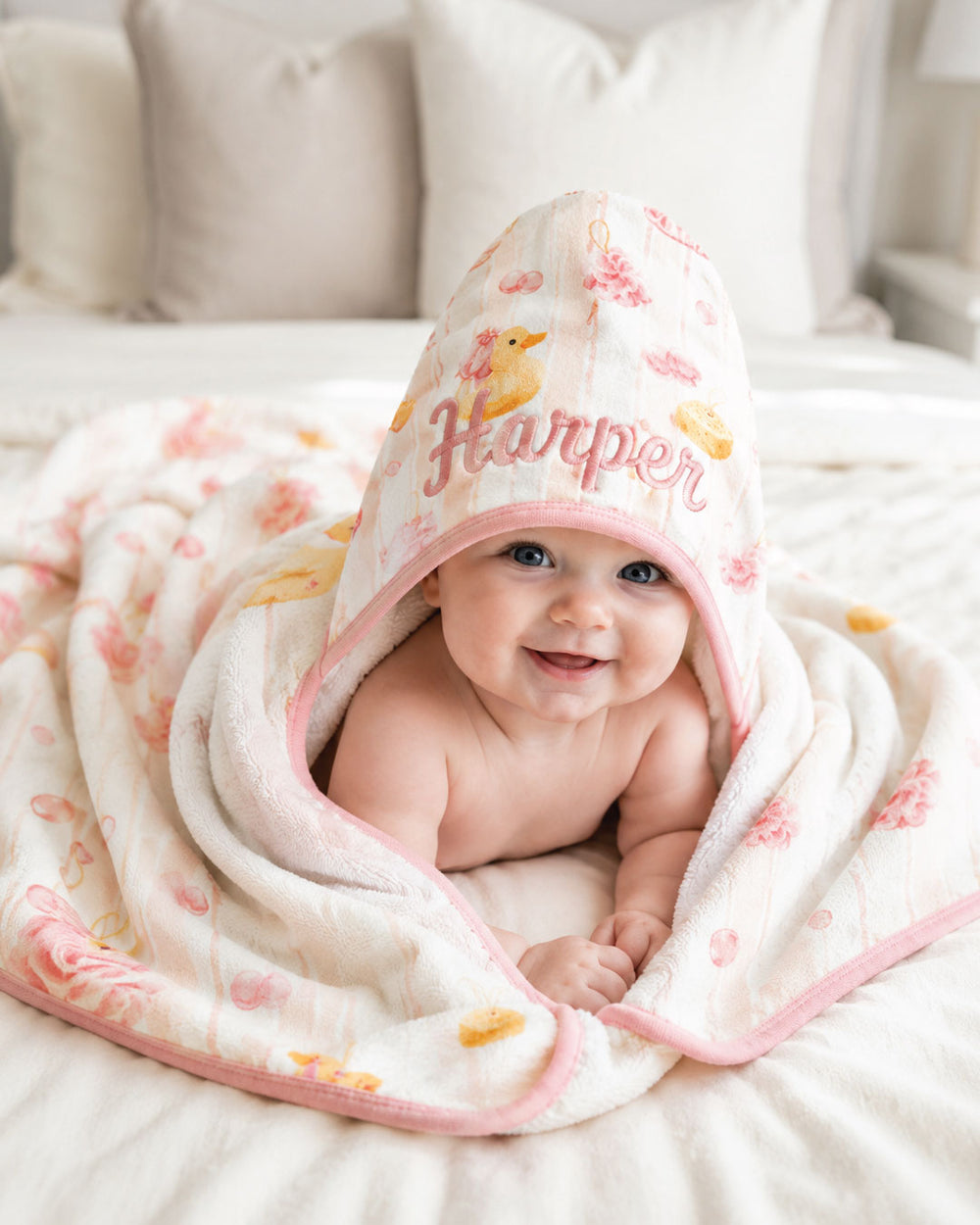 pink bubble duckies embroidered towel