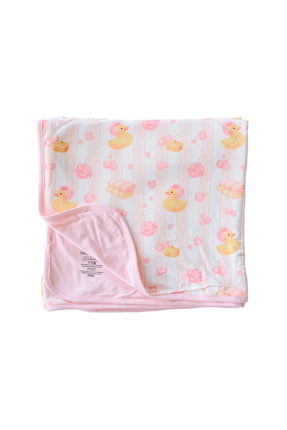 Folded pink Bubble Duckies double-sided bamboo blanket with yellow rubber duck and pink rose print on white background