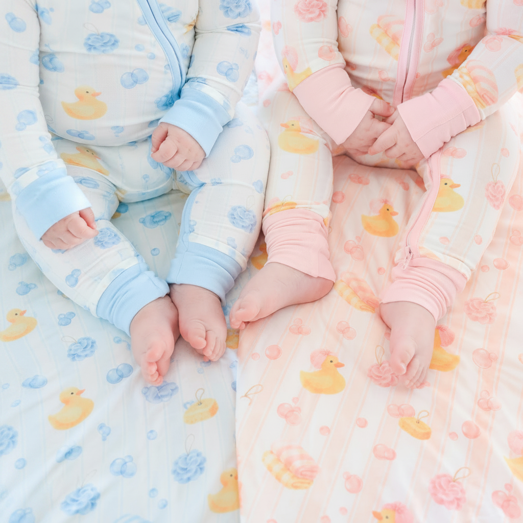 Smiling baby girl with pink bow sitting on bed wearing pink Bubble Duckies zip romper with matching bedding