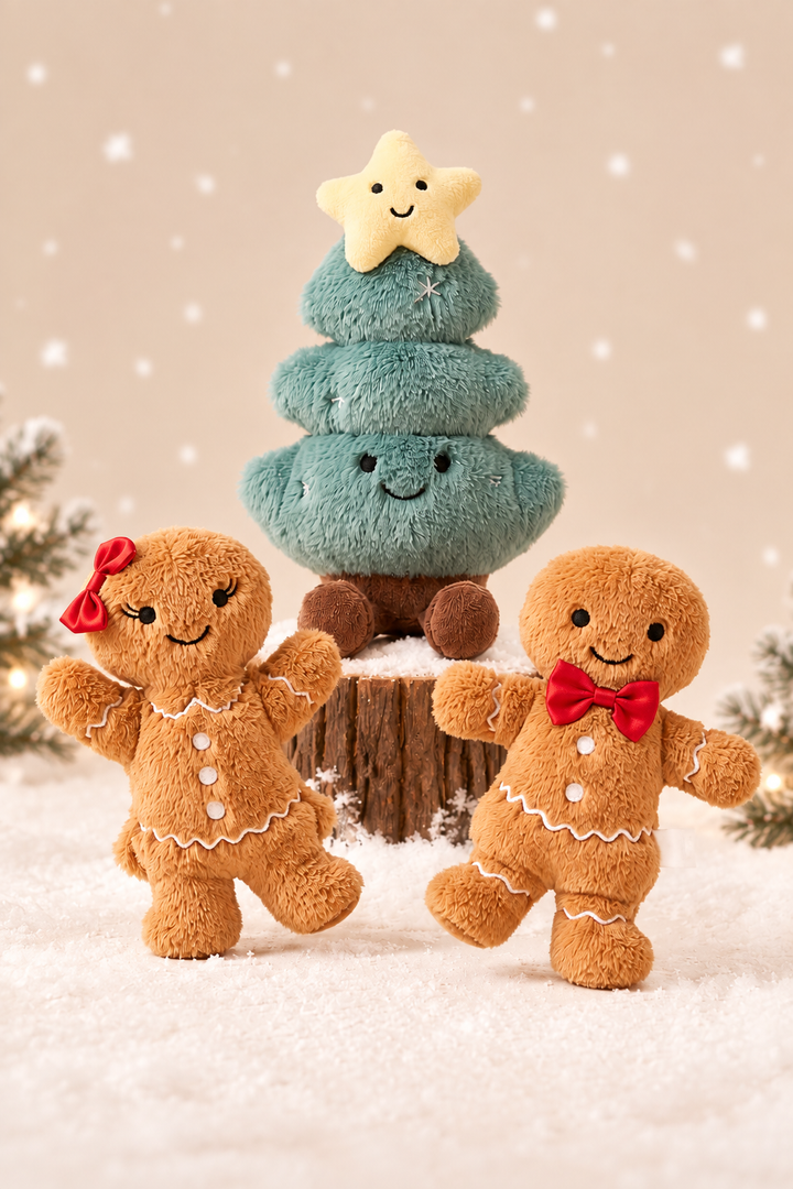 Caden Lane plush holiday toy set featuring a smiling green Christmas tree topped with a star and two gingerbread man plush toys, styled on a snowy log with a snowy pine backdrop.