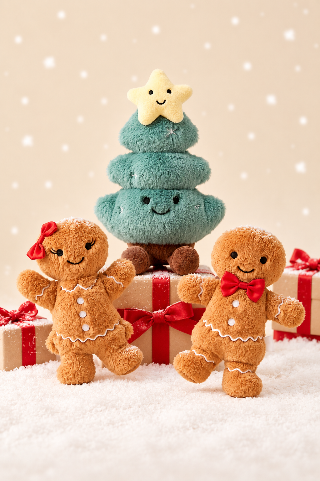 Caden Lane plush holiday toy set featuring a smiling green Christmas tree topped with a star and two gingerbread man plush toys, styled on snow beside wrapped gifts with red ribbon.
