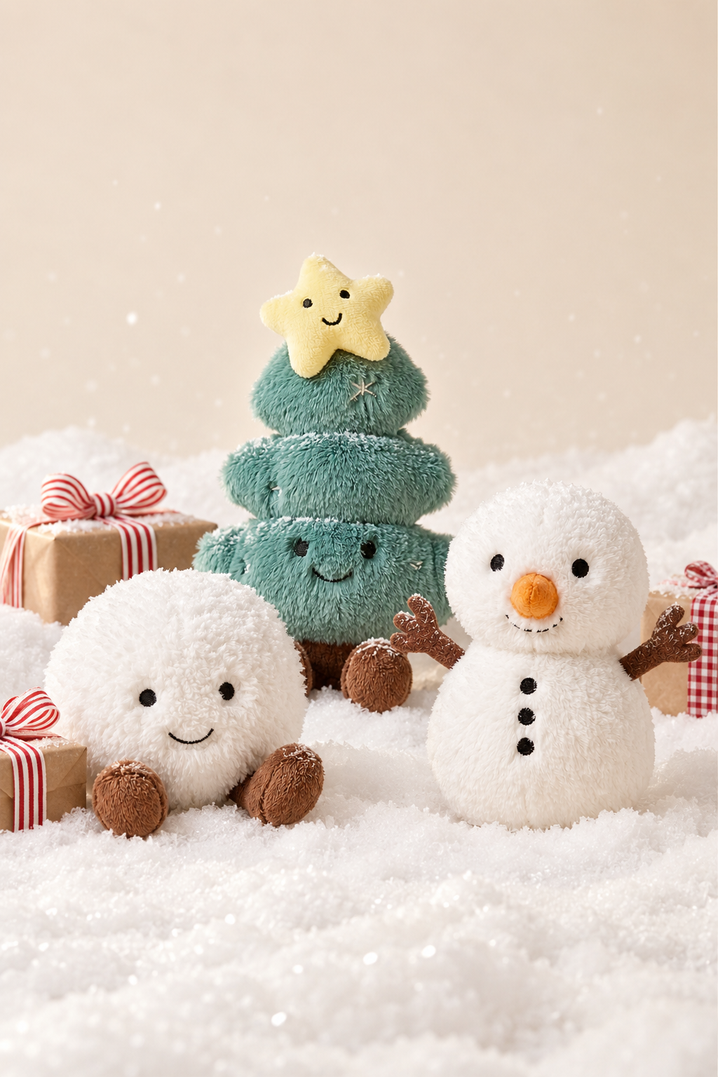 Caden Lane plush holiday toy set featuring a smiling snowman, a green Christmas tree topped with a star, and a round smiling snowball, styled in snow beside wrapped gifts with red ribbon.