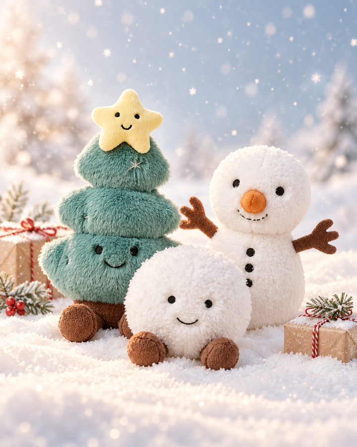 Caden Lane plush holiday toy set featuring a smiling snowman, a green Christmas tree topped with a star, and a round smiling snowball, styled in a snowy outdoor scene with pine branches and wrapped gifts.