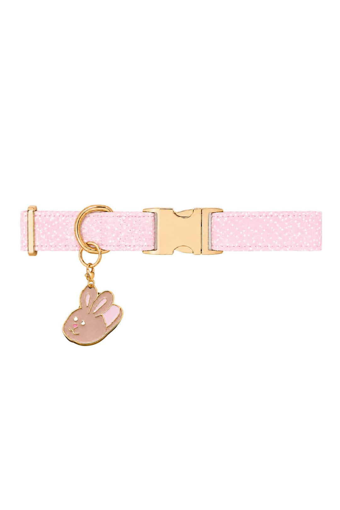 Pink enamel bunny slipper pet collar charm with gold lobster claw clasp on white background