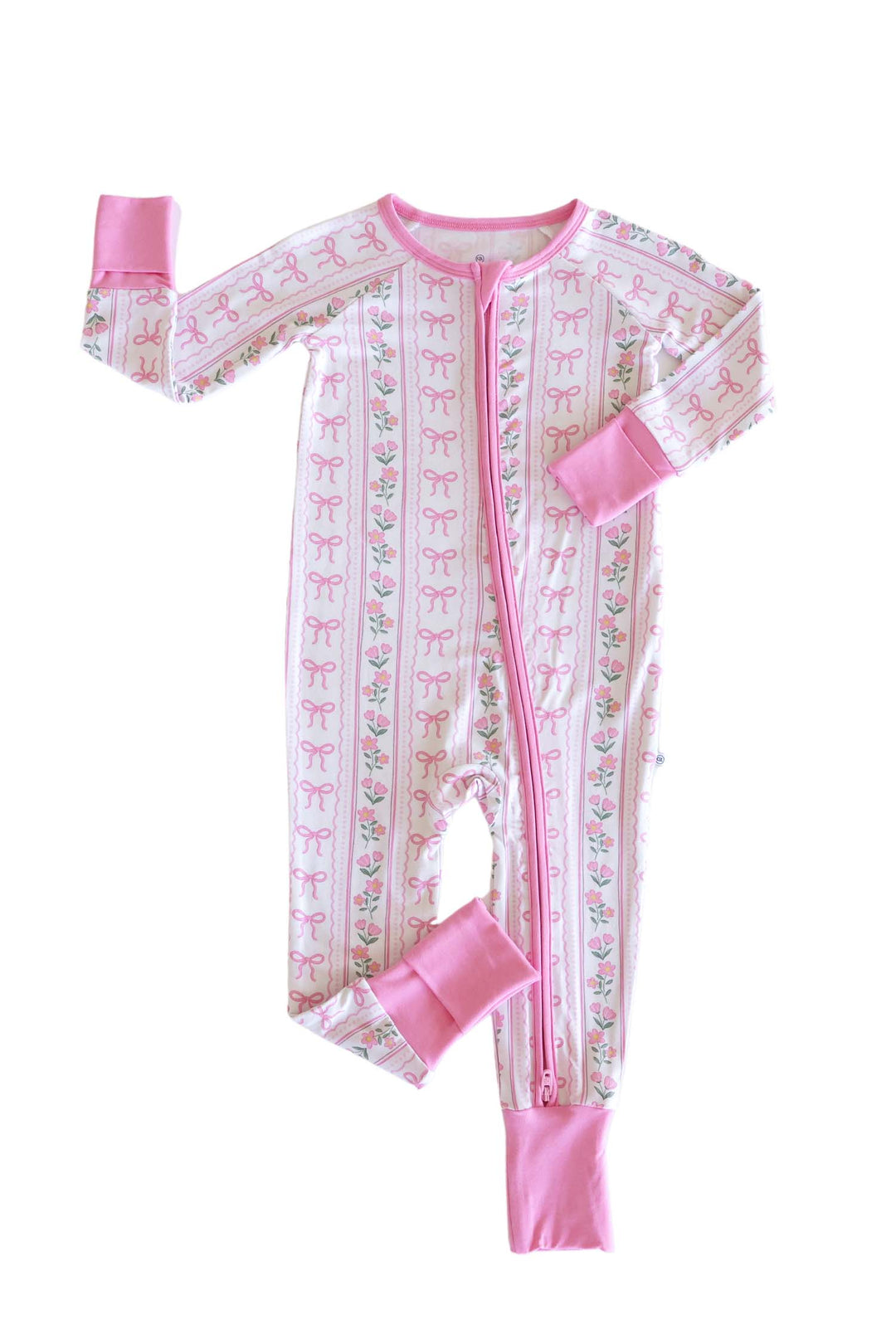 bamboo convertible zip romper with coquette garden bow and flower print
