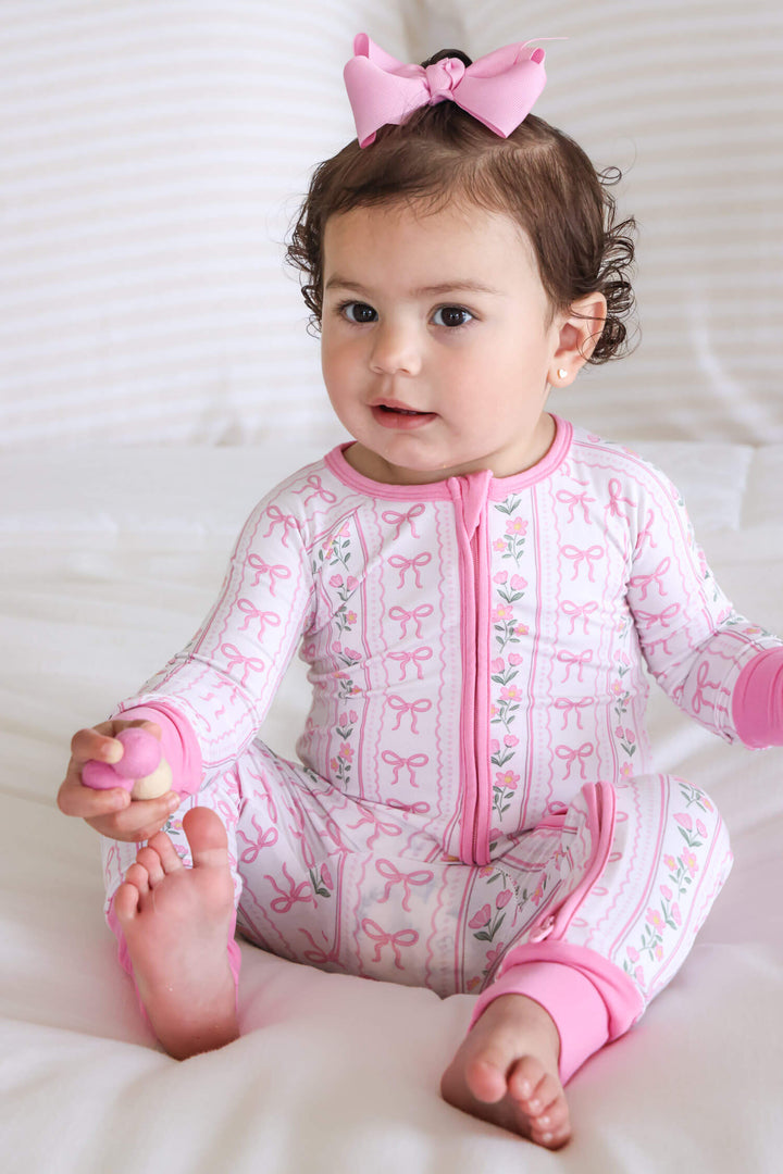 soft bamboo convertible zip romper in coquette garden print for babies